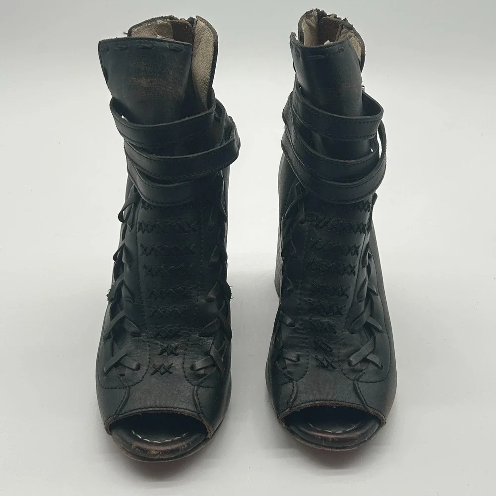 Freebird Steven Eagle Black Leather Open Toe Braid Ankle Boots Womens Size 8